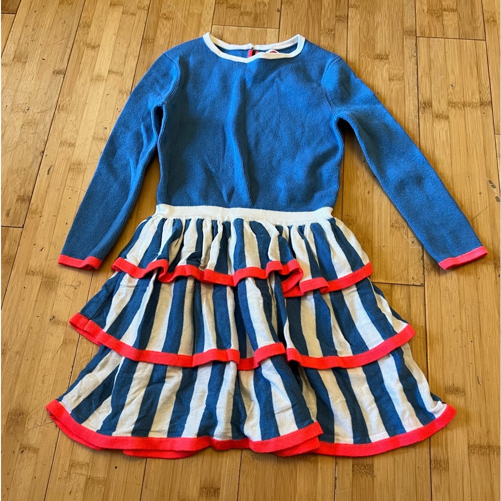 Mini Boden Blue and White Striped Knit Dress with Pink Trim